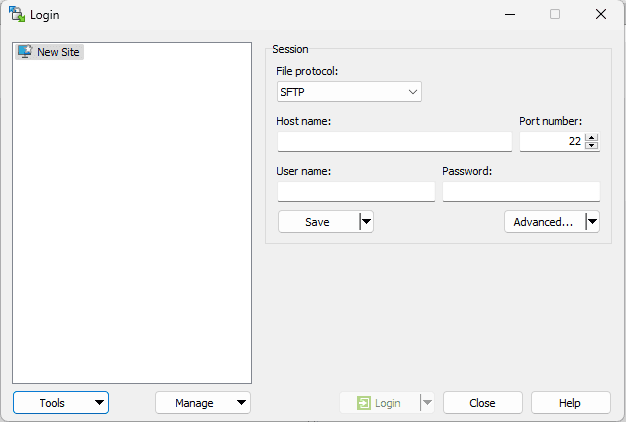 WinSCP Site Manager window